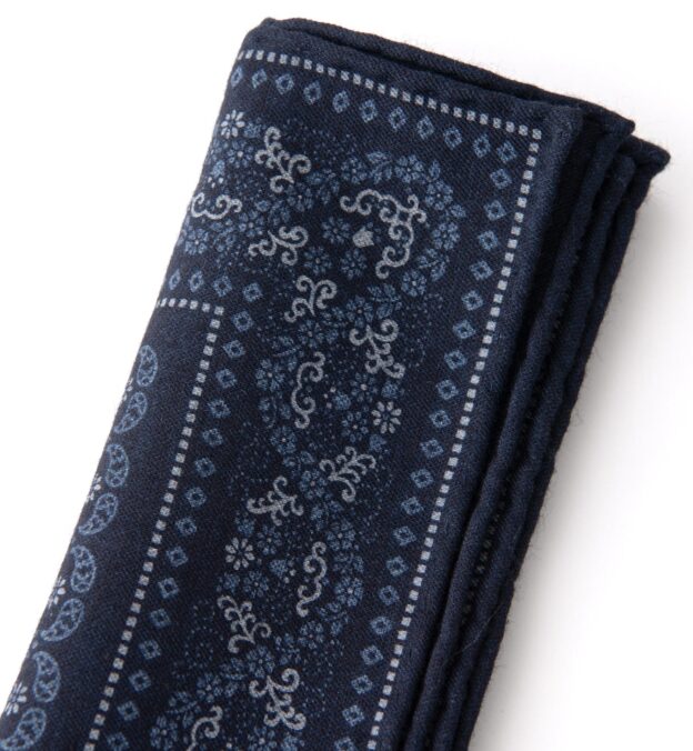 Navy Cotton and Wool Floral Print Pocket Square by Proper Cloth