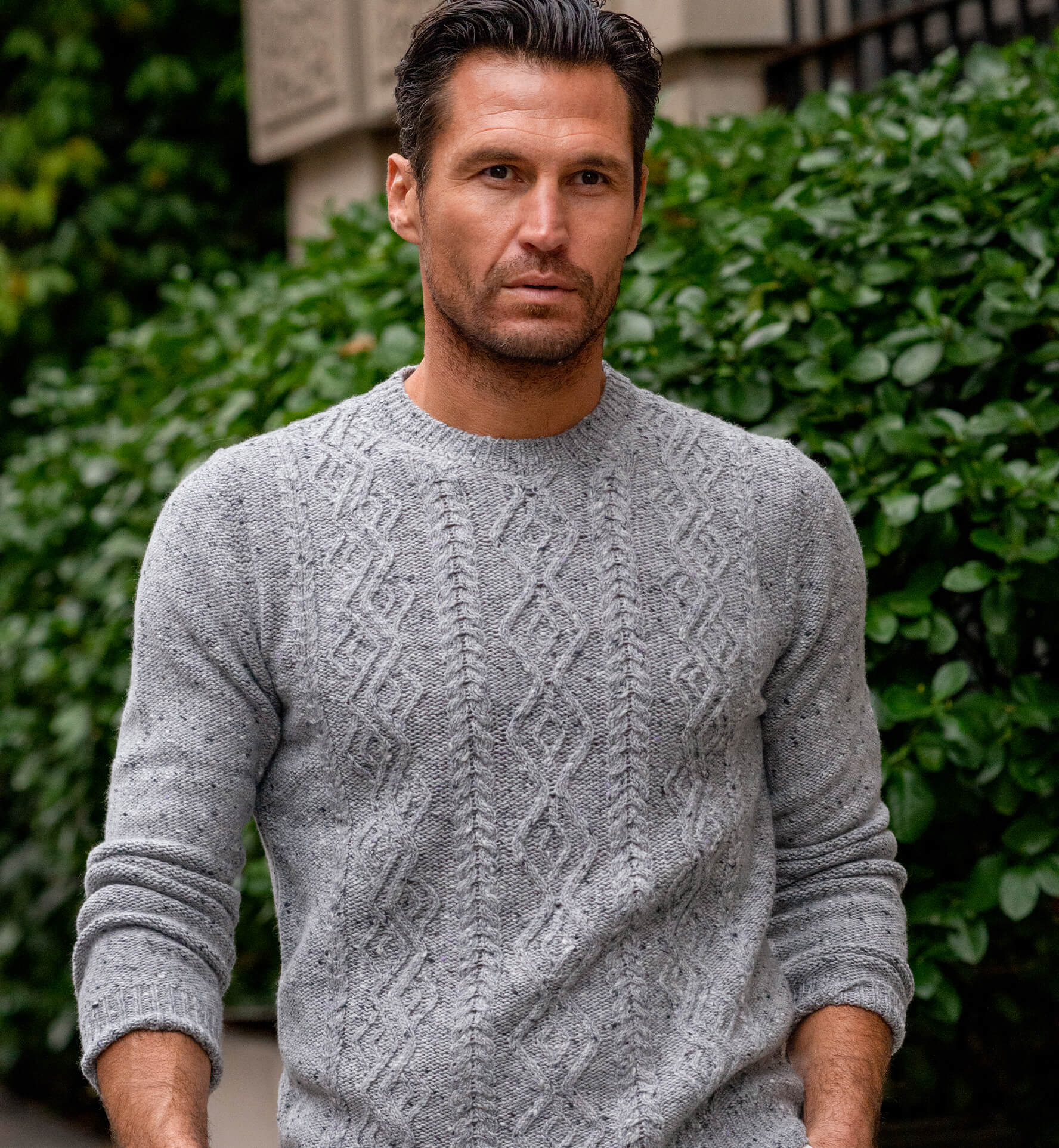 Light Grey Italian Wool and Cashmere Aran Crewneck Sweater by Proper Cloth