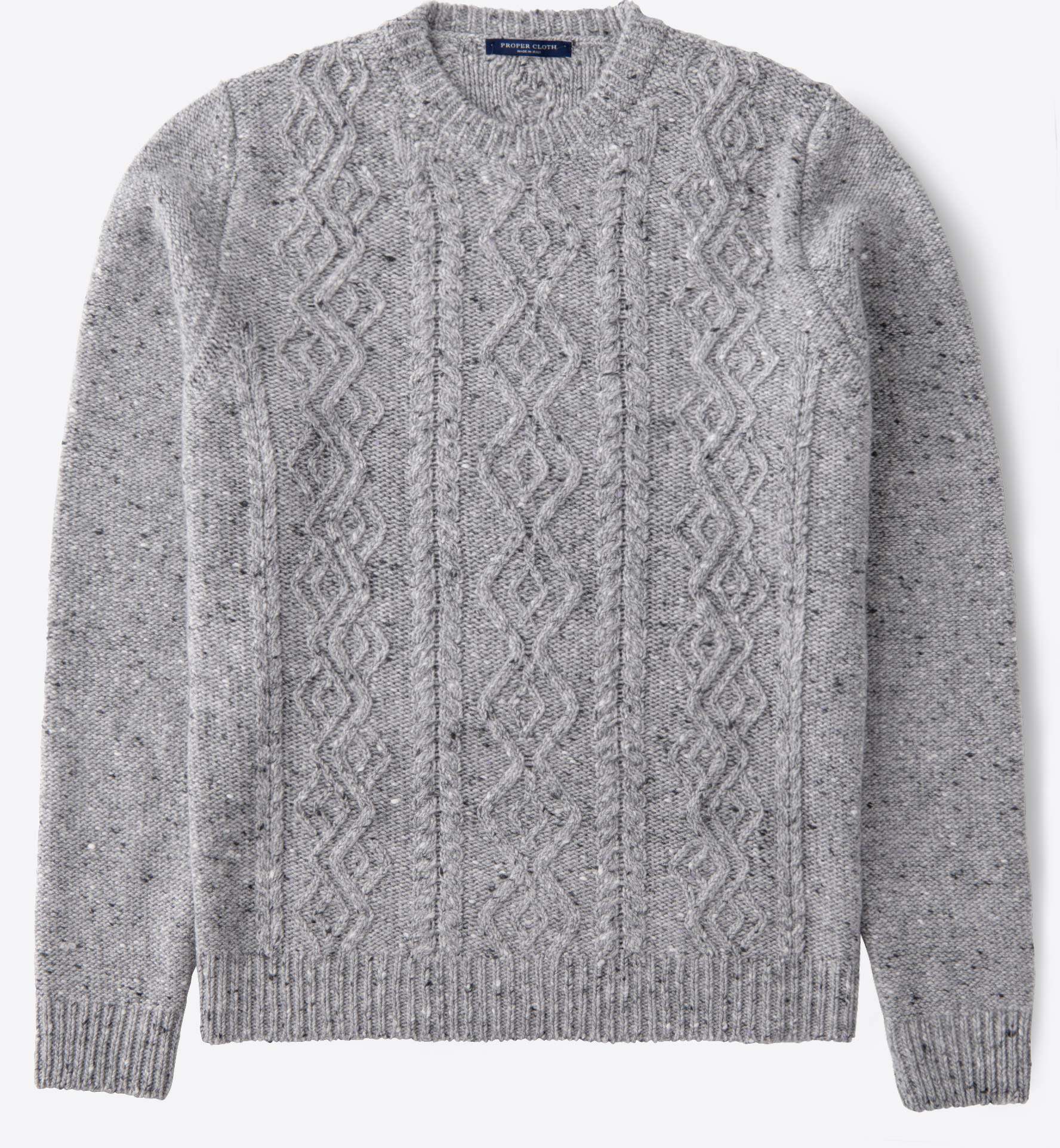 Light Grey Italian Wool and Cashmere Aran Crewneck Sweater by Proper Cloth