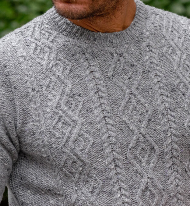Light Grey Italian Wool and Cashmere Aran Crewneck Sweater by Proper Cloth