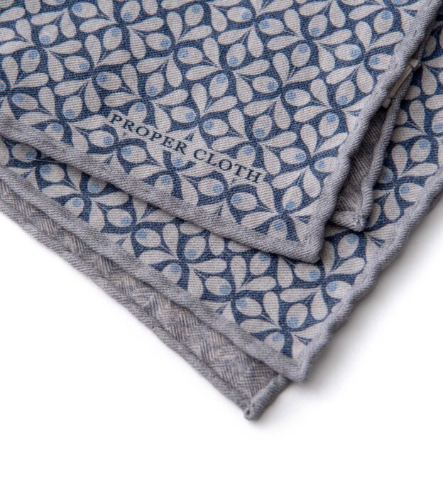 Light Grey and Navy Geometric Floral Print Pocket Square by Proper Cloth