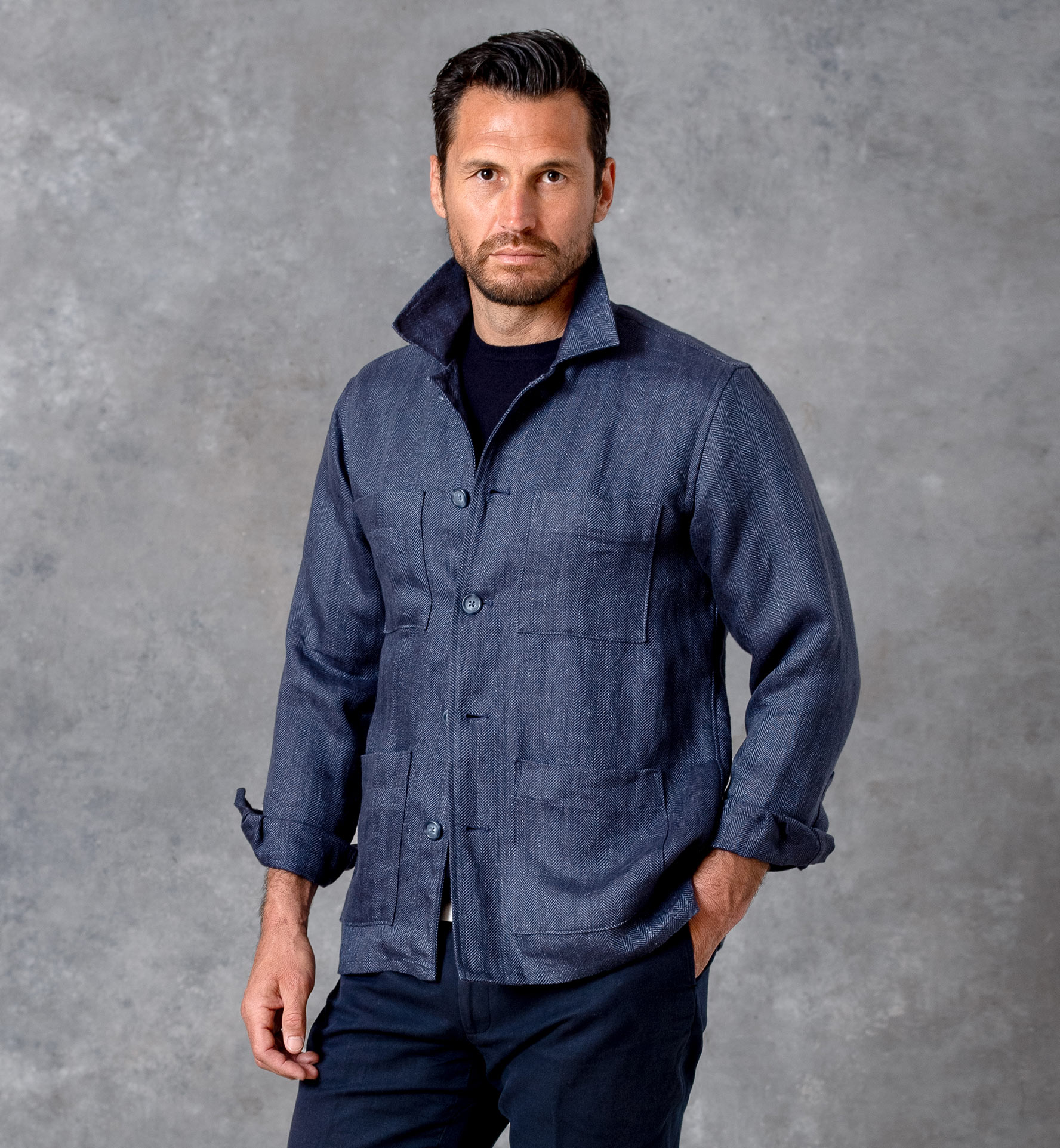 Navy Herringbone Linen Shirt Jacket by Proper Cloth