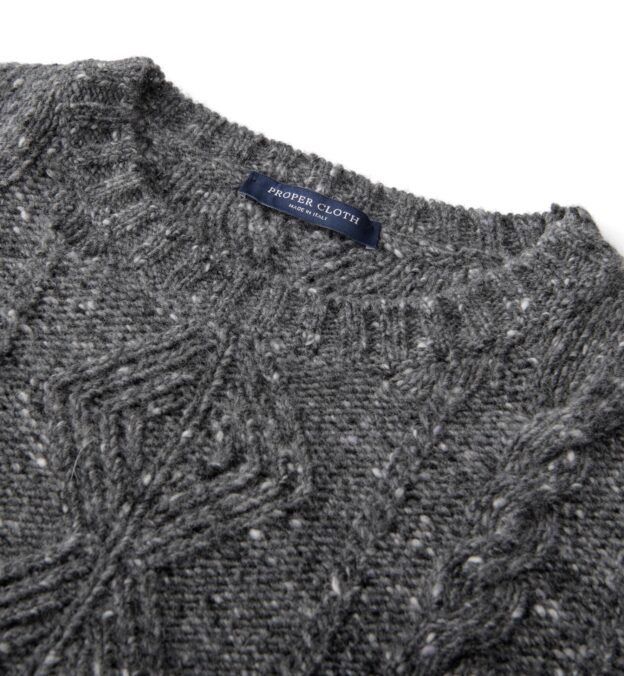 Italian Grey Donegal Wool and Cashmere Aran Crewneck Sweater