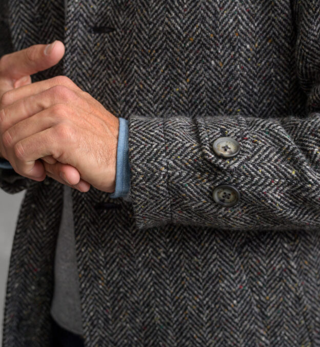 Crosby Grey Herringbone Wool Tweed Belted Coat by Proper Cloth