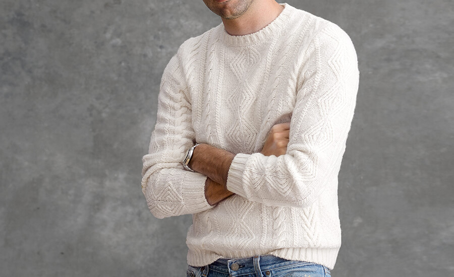Italian Cream Wool and Cashmere Aran Crewneck Sweater by Proper Cloth