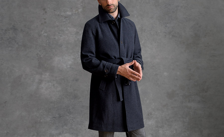 Crosby Navy Wool and Cashmere Belted Coat by Proper Cloth