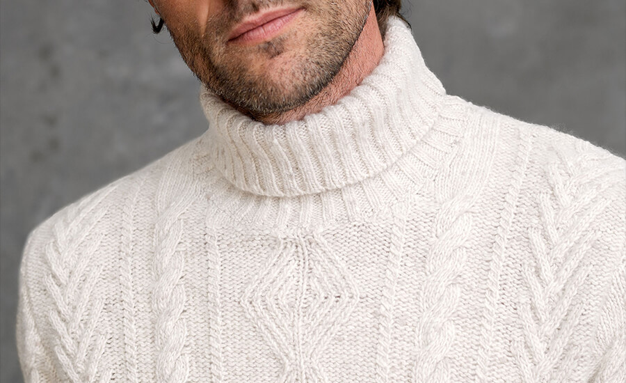 Cream Italian Wool and Cashmere Aran Turtleneck Sweater by Proper Cloth