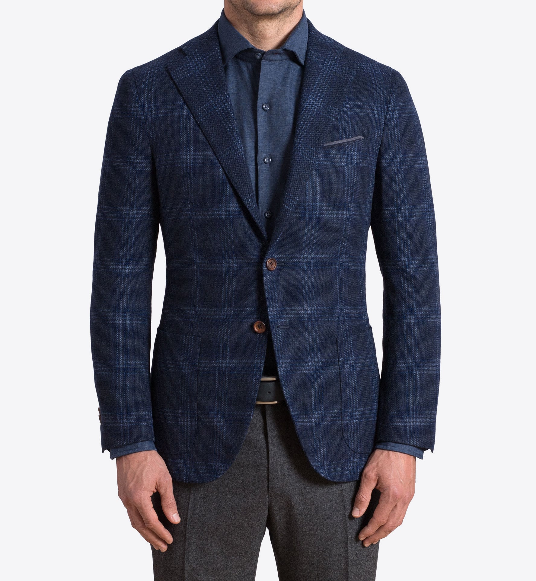 Hudson Navy and Blue Check Textured Wool Jacket - Custom Fit Tailored ...