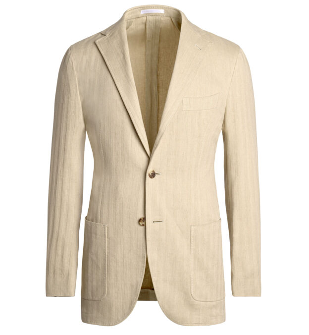 Beige Herringbone Cotton Linen Stretch Waverly Jacket - Custom Fit ...