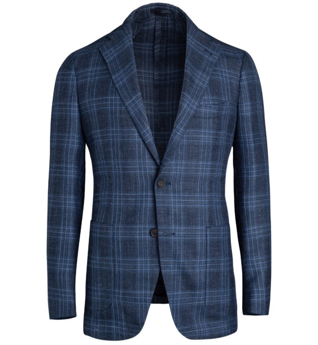 Drago Navy Plaid Wool Silk and Linen Hopsack Bedford Jacket - Custom ...