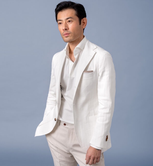 Waverly White Cotton and Linen Stretch Herringbone Jacket - Custom Fit ...