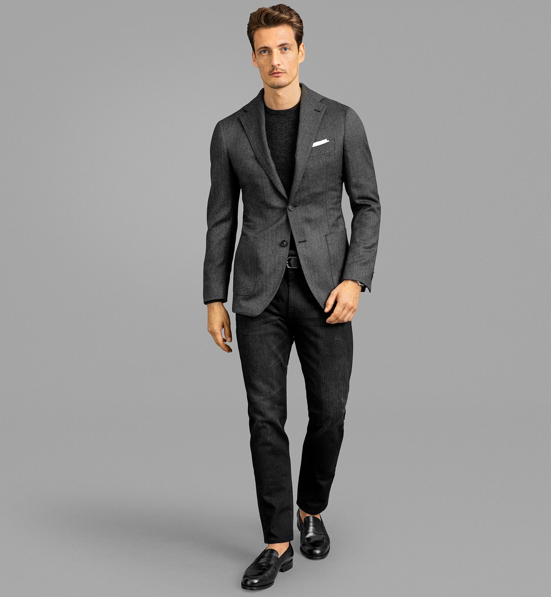 Bedford Charcoal Wool Cashmere Herringbone Jacket Custom Fit Tailored