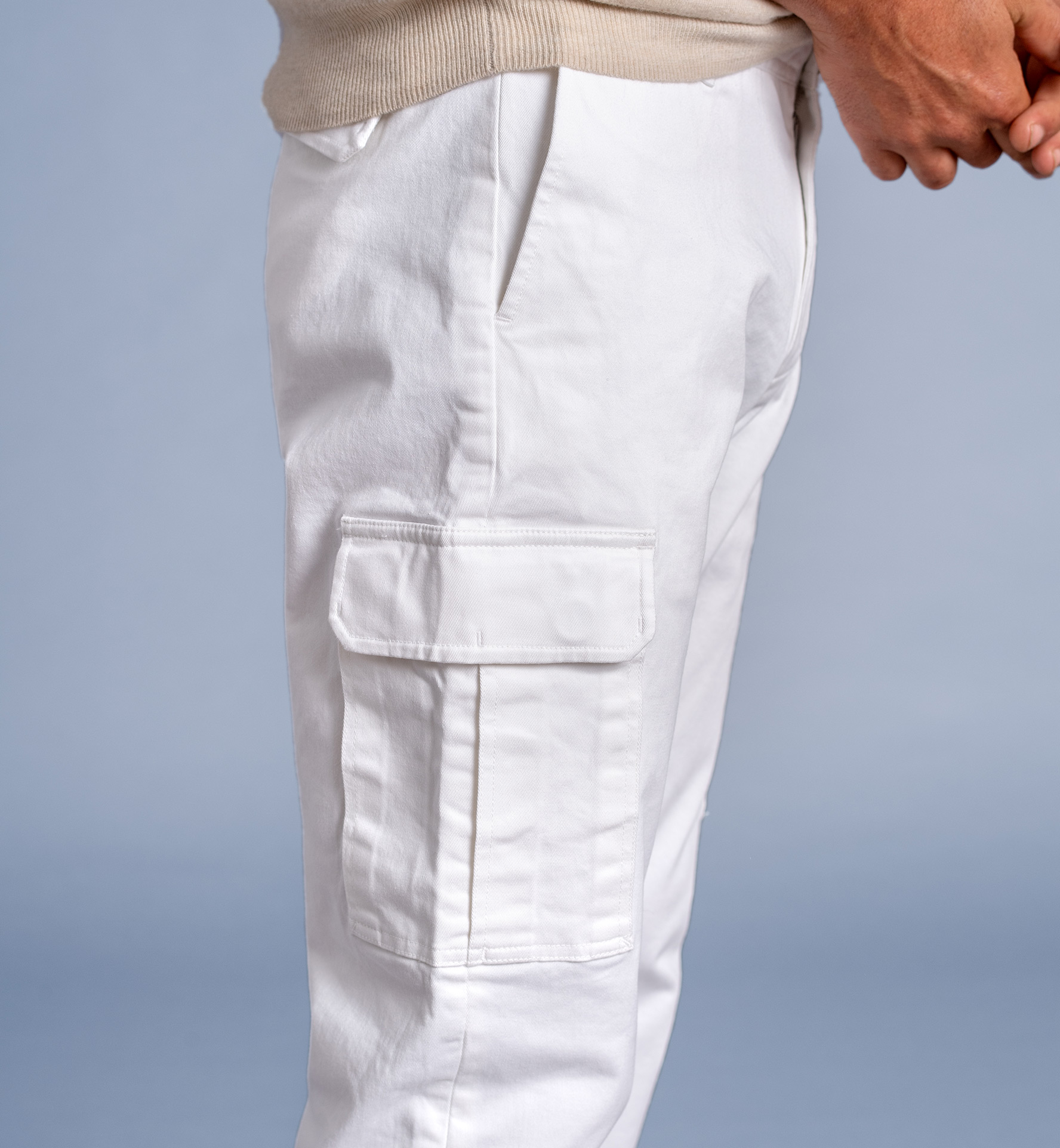 Thompson White Stretch Heavy Cotton Cargo Pant - Custom Fit Pants