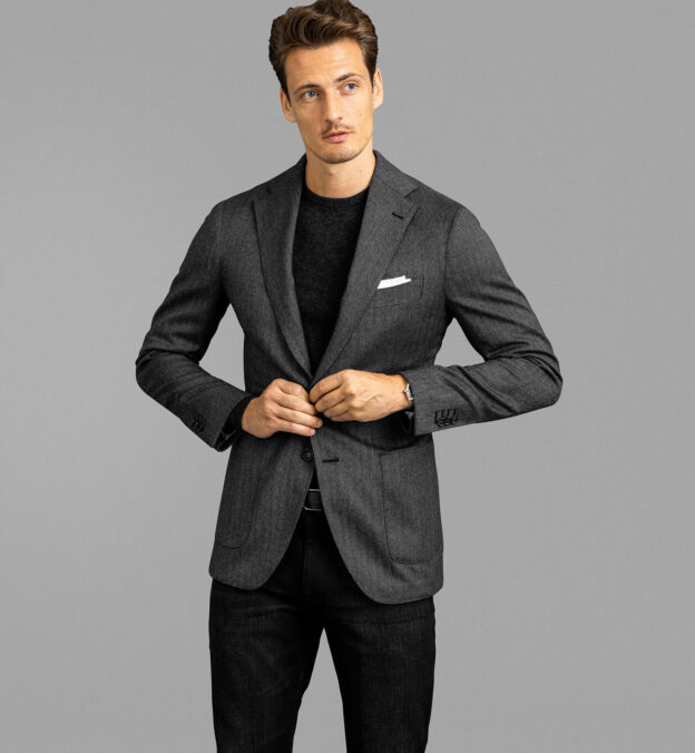 Bedford Charcoal Wool Cashmere Herringbone Jacket Custom Fit Tailored
