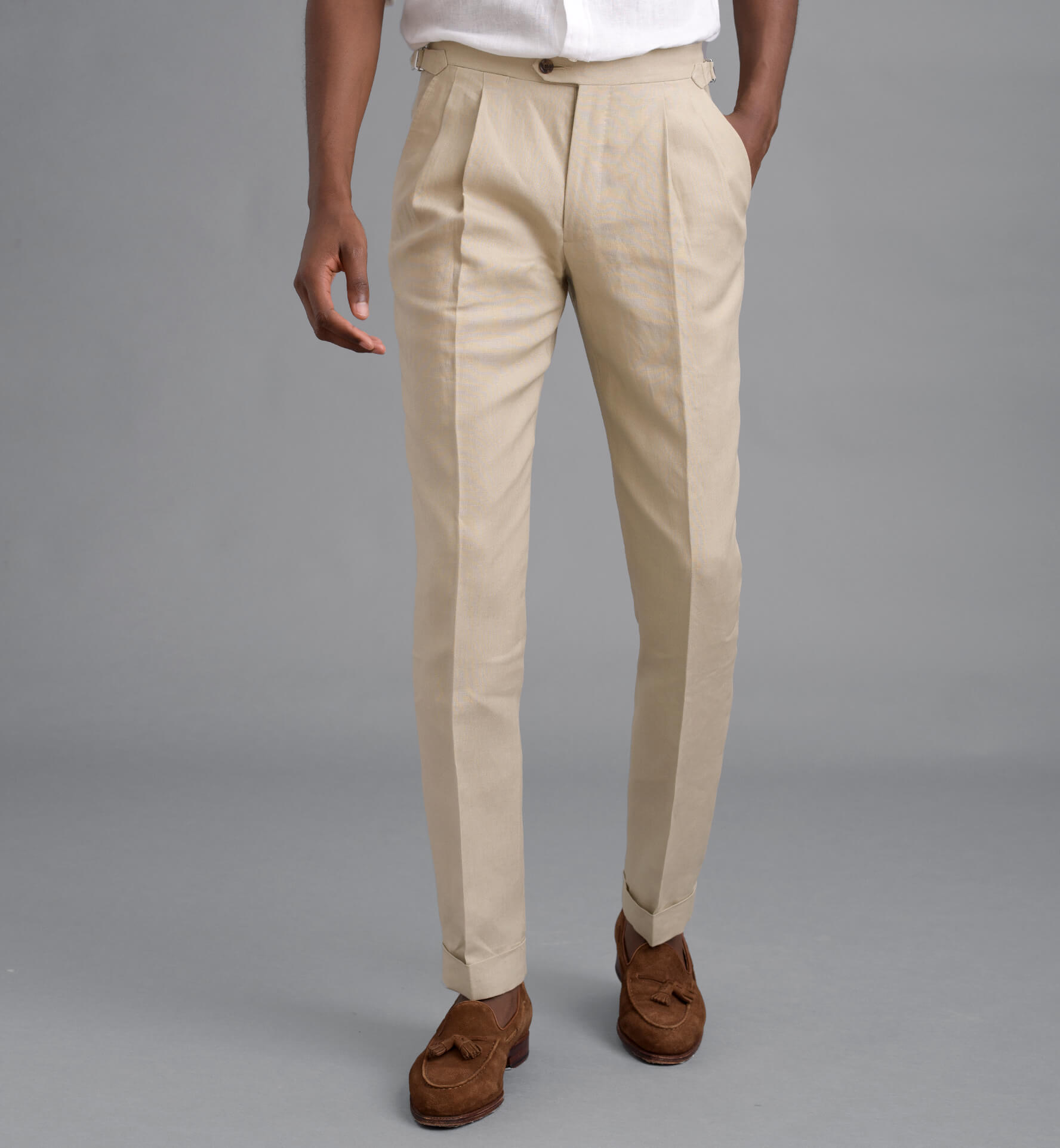 Allen Beige Irish Linen Pleated Dress Pant Custom Fit Tailored Clothing