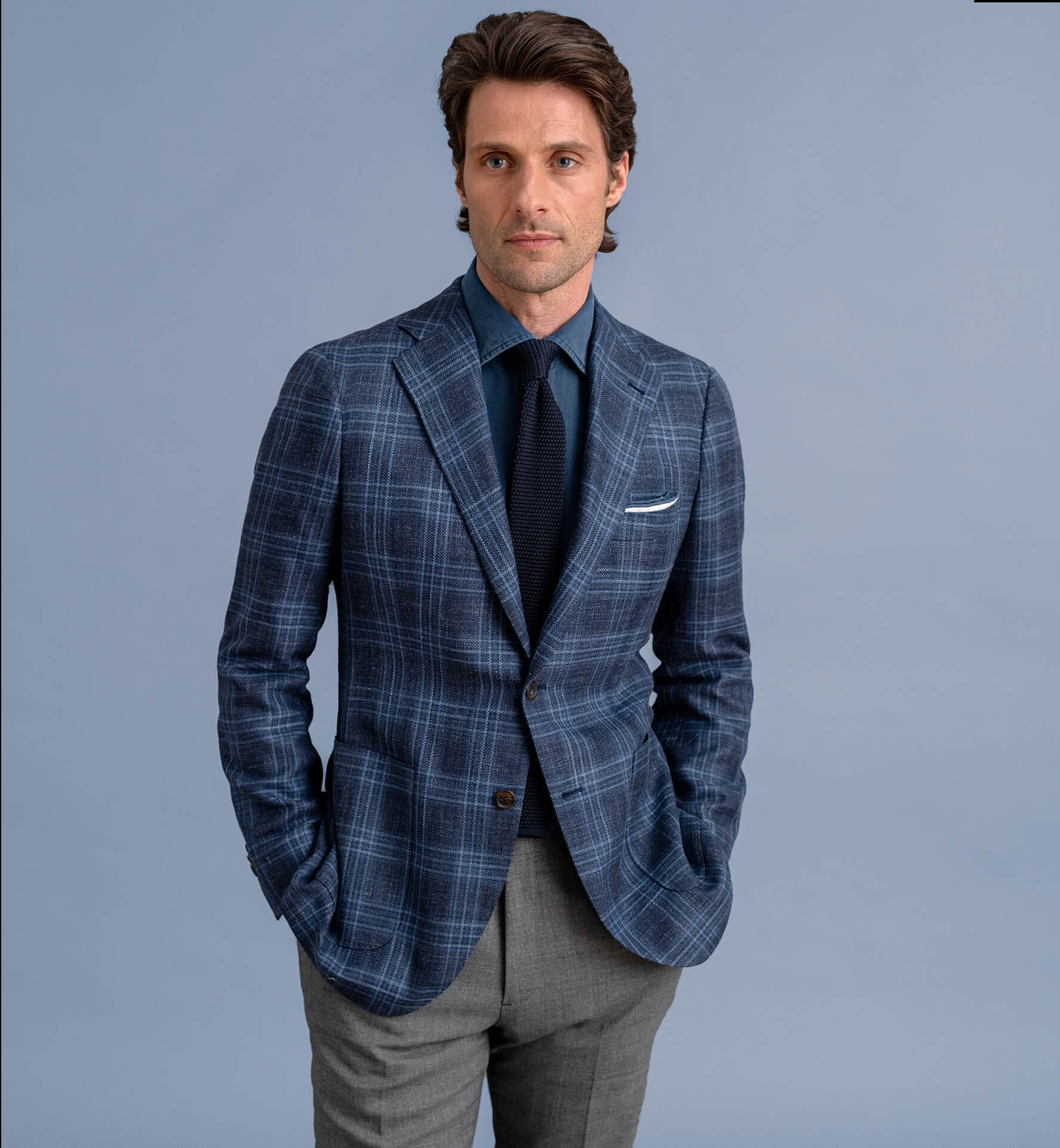 Bedford Navy Plaid Wool Silk And Linen Hopsack Jacket Custom Fit Tailored Clothing 4207