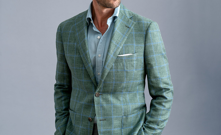 Hudson Green and Light Blue Windowpane Loro Piana Fabric