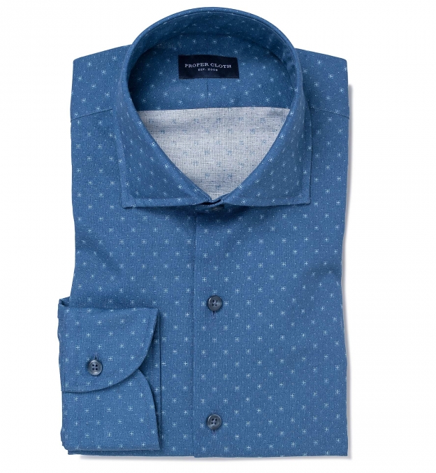 Katazome Blue Block Print Cotton Linen Blend Men's Dress Shirt Shirt by ...