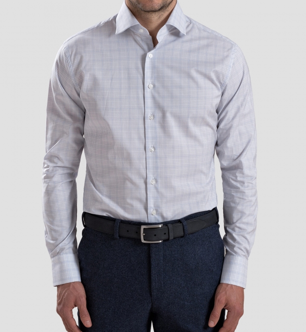 Alden 120s Grey and Blue Prince of Wales Check Fitted Shirt by Proper Cloth