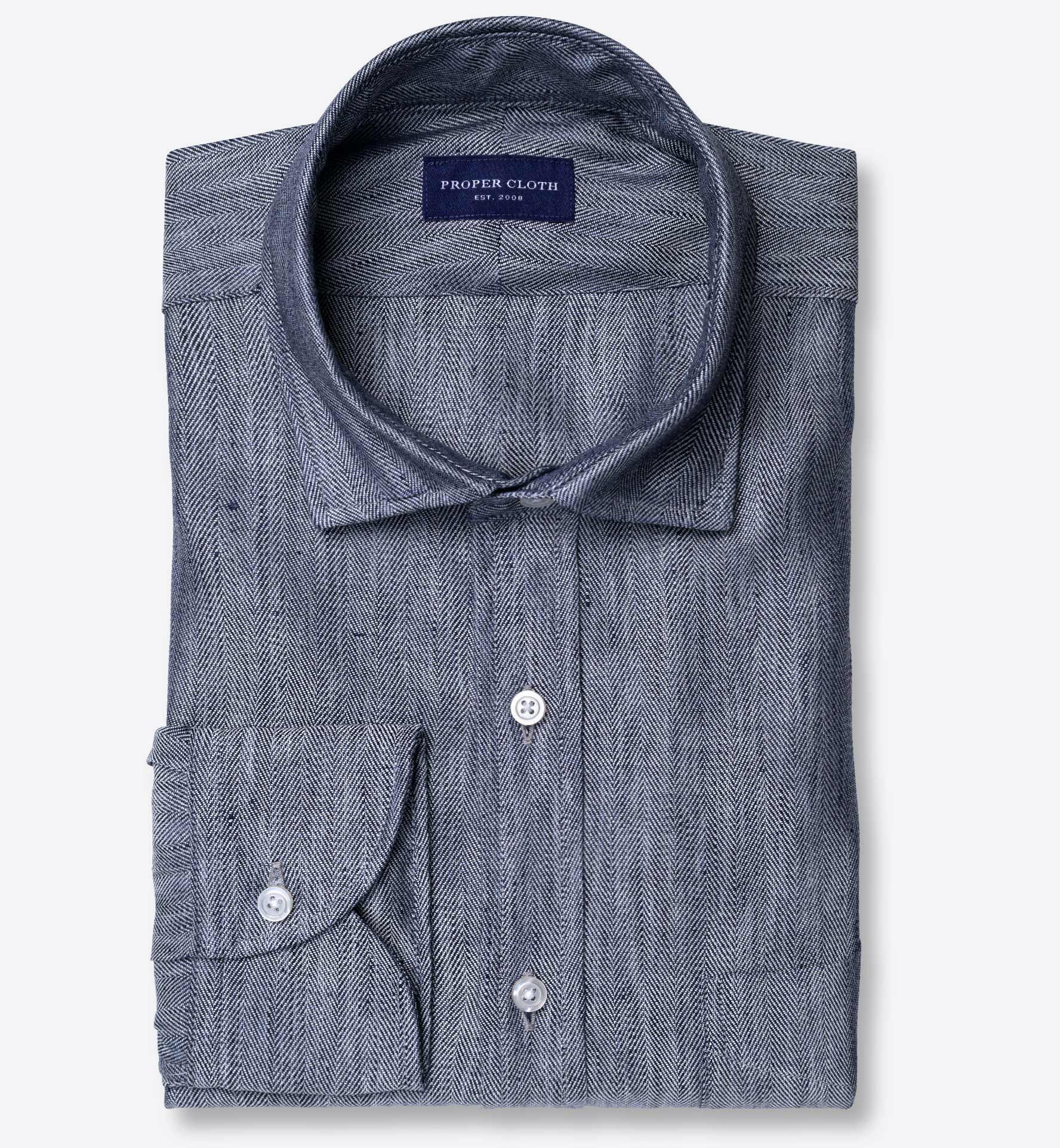 Albini Blue Linen and Tencel Herringbone Shirt