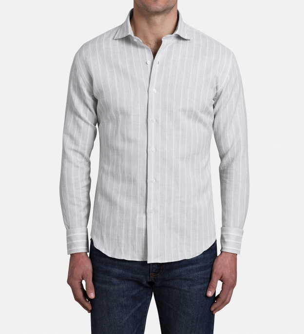 Made-in-USA Thomas Mason Blue & White Stripe Spread Collar French Cuff Dress Shirt - Classic Fit
