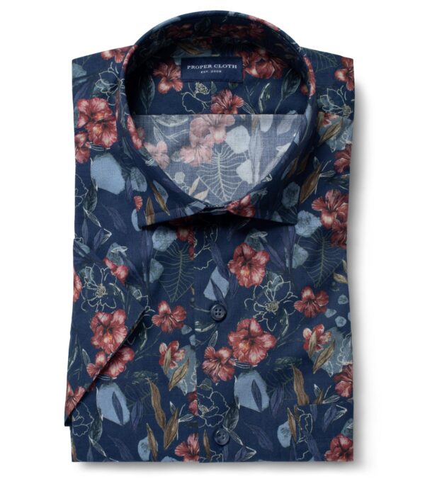 Albiate Royal Blue Large Floral Print Short Sleeve Shirtby Proper Cloth