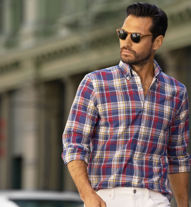 Blue Red and Ecru Indian Madras by Proper Cloth