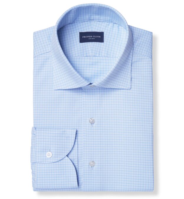 Non-Iron Stretch Light Blue Small Check Shirt by Proper Cloth