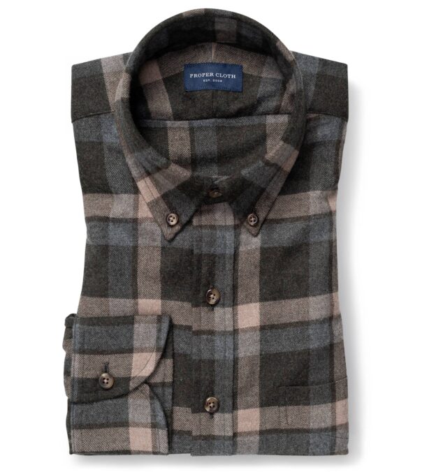 Canclini Pine Grey and Camel Shadow Plaid Beacon Flannel Shirt by