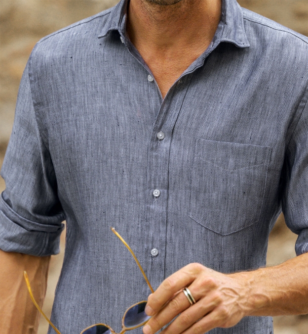 Albini Blue Linen and Tencel Herringbone Shirt