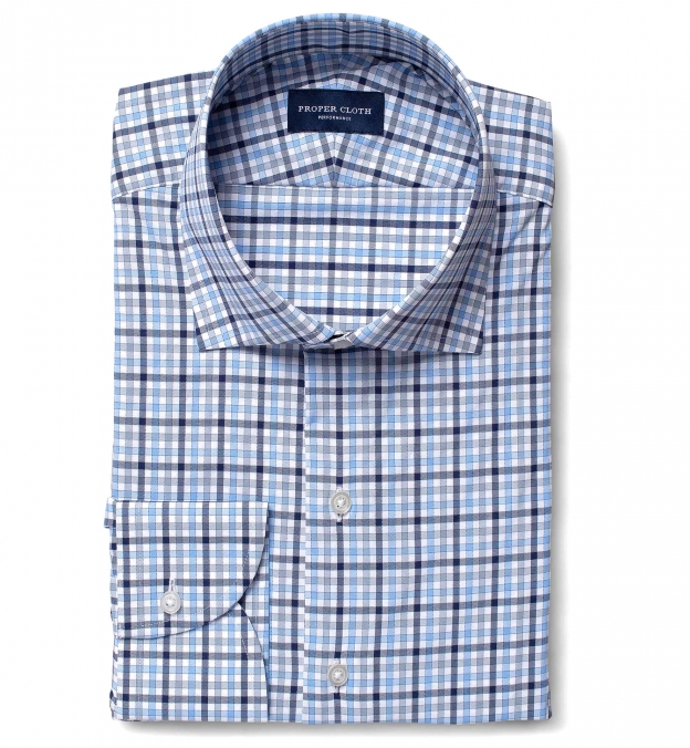 Performance Light Blue Navy and Grey Multi Check Fitted Dress Shirt ...