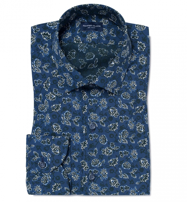 Albini Vintage Navy Floral Print Fitted Shirt Shirt by Proper Cloth