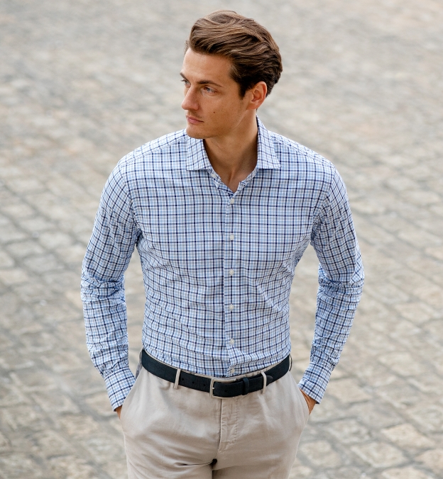 Performance Light Blue Navy and Grey Multi Check Fitted Dress Shirt by ...
