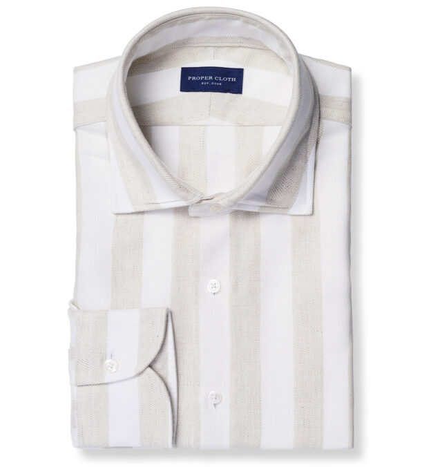 Leggiuno Beige Chevron Stripe Cotton and Linen Shirt by Proper Cloth