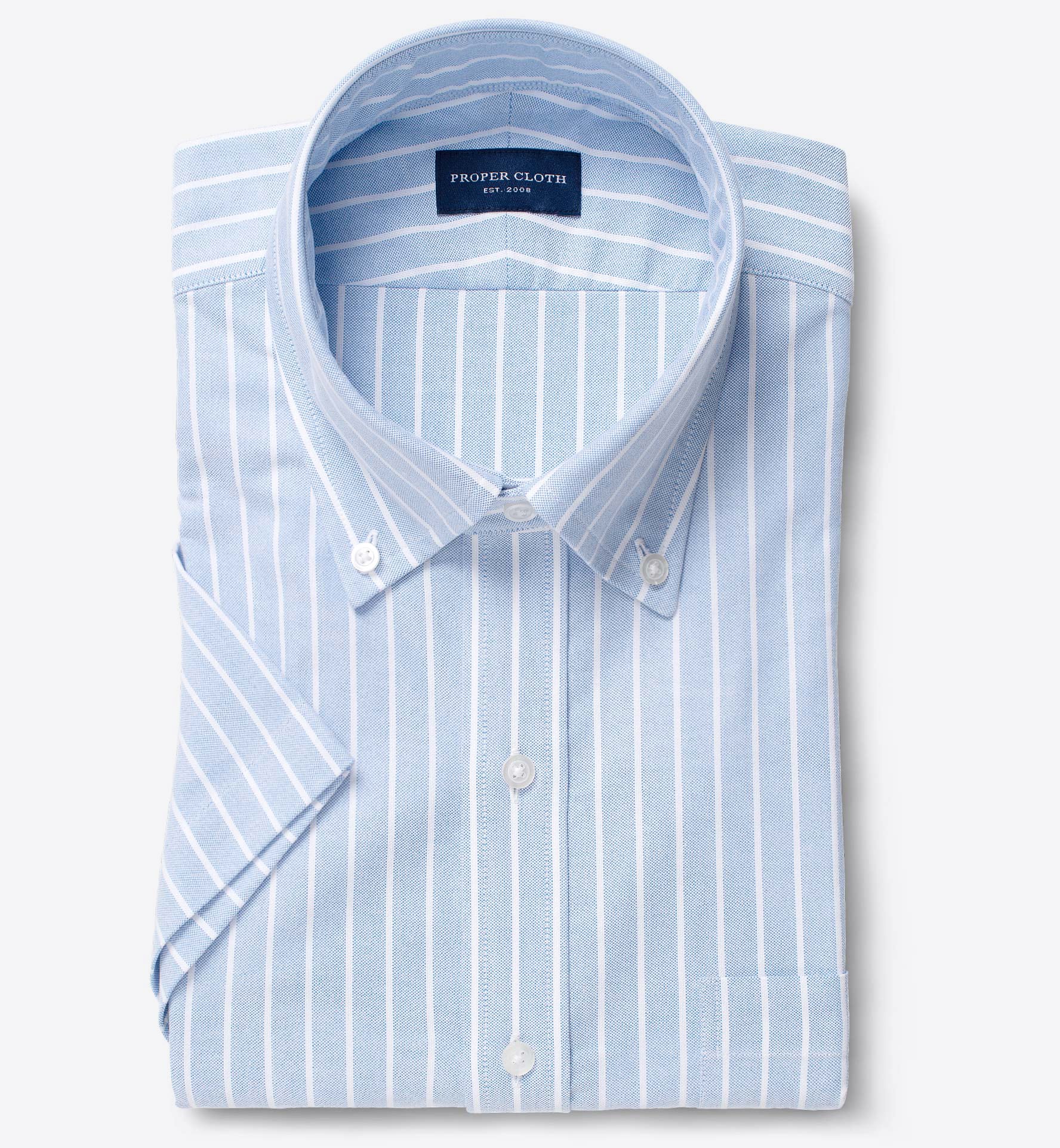 Light Blue Wide Stripe Heavy Oxford Short Sleeve Shirtby Proper Cloth