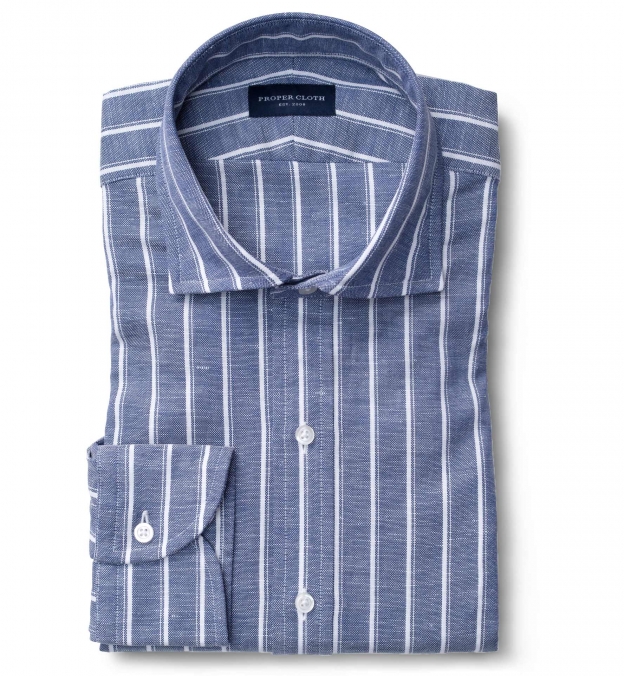 Thomas Mason Washed Slate Vintage Stripe Cotton Linen Oxford Tailor Made Shirt 