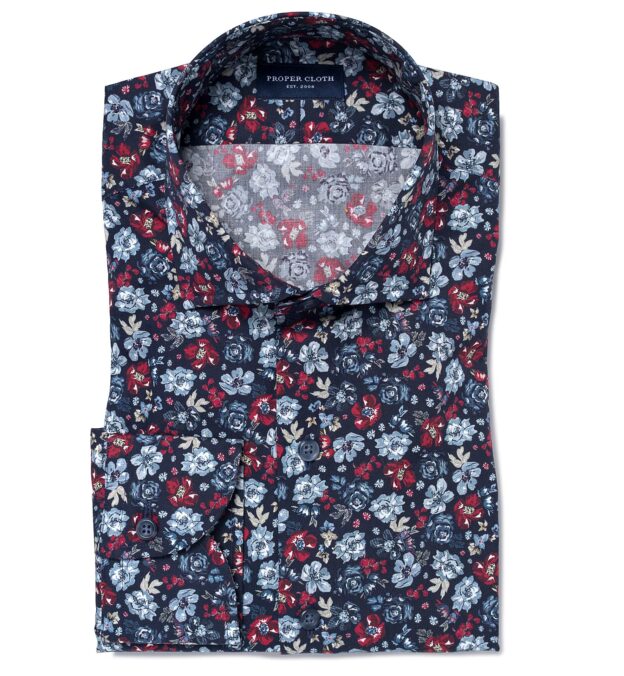 Albini Navy Red and Light Blue Floral Print Custom Made Shirt Shirt by ...