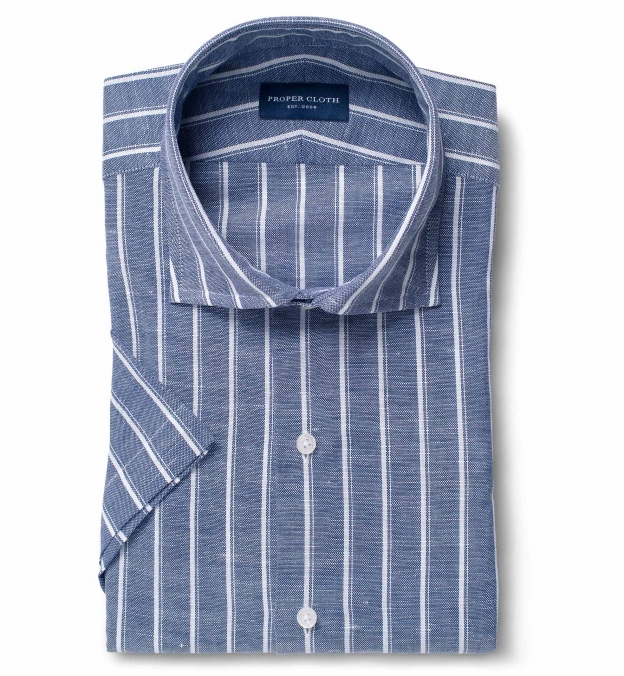 Thomas Mason Washed Slate Vintage Stripe Cotton Linen Oxford Short Sleeve Shirt