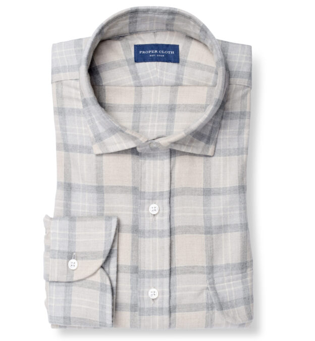 Beige and Light Grey Plaid Cotton and Wool Flannel Shirt by Proper Cloth