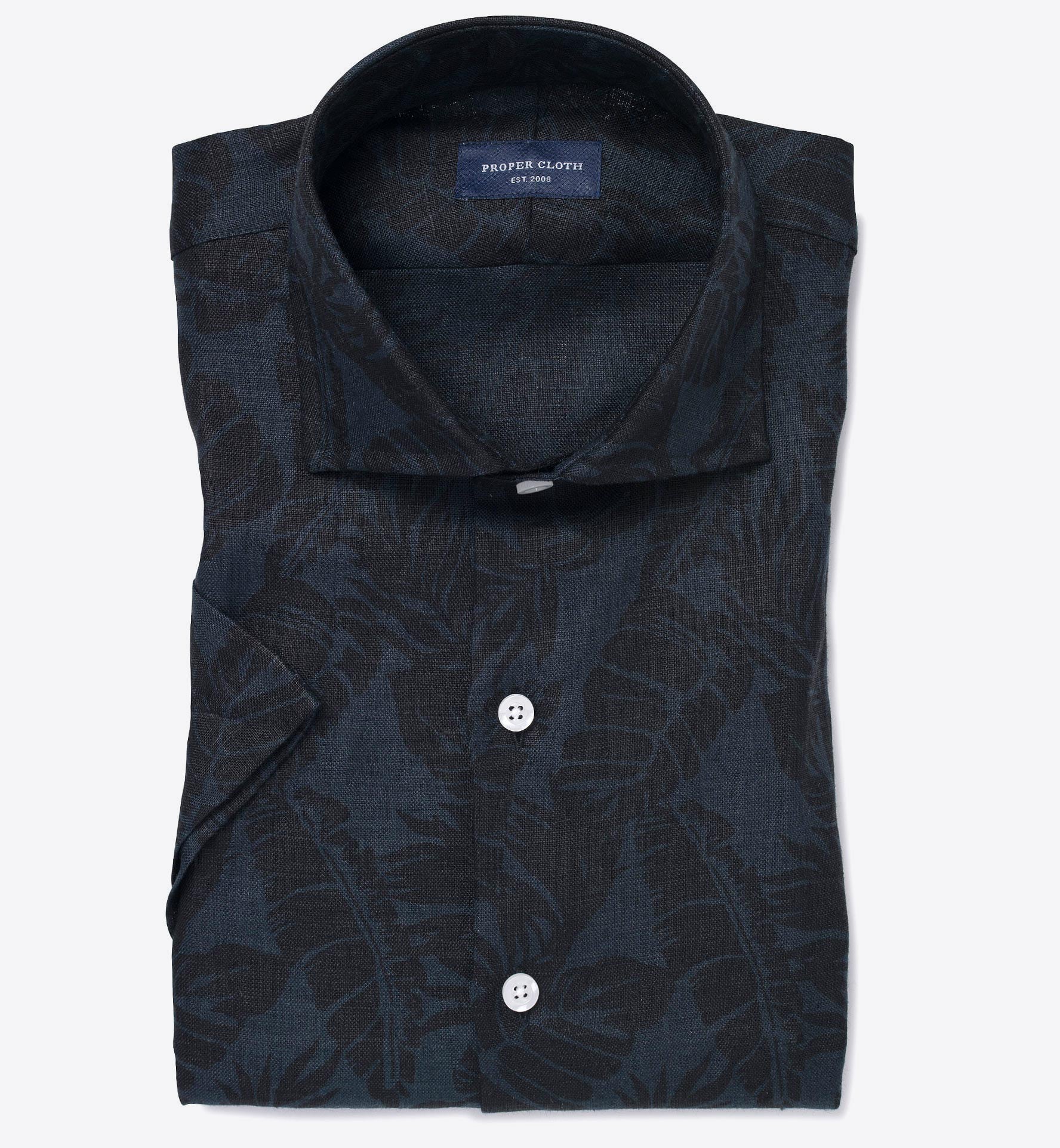 Japanese Navy and Black Floral Linen Print Short Sleeve Shirtby Proper ...