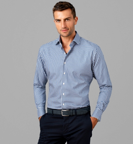 Non-Iron Supima Navy Blue Gingham Dress Shirt by Proper Cloth