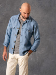 Sky Blue Herringbone Linen Overshirt Product Thumbnail 6