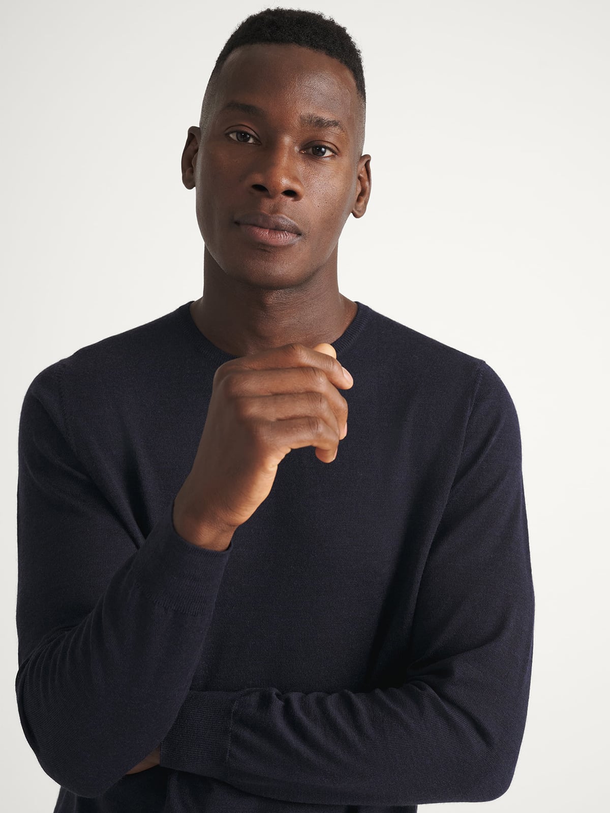 Navy Easy Care Merino Wool Crewneck Sweater | Proper Cloth