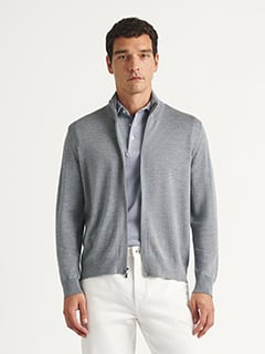 Light Grey Merino and Silk Full-Zip Sweater | Proper Cloth