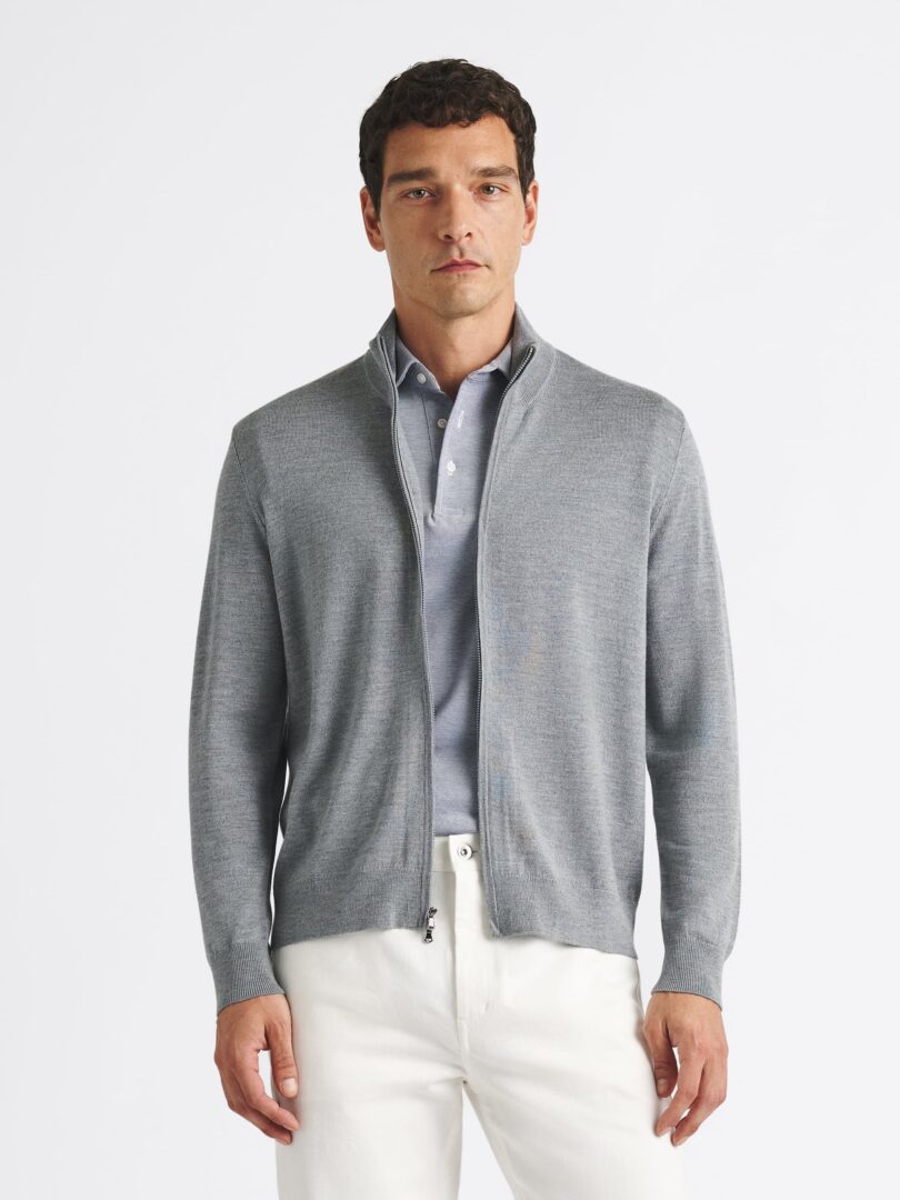 Light Grey Merino and Silk Full-Zip Sweater Thumb Detail