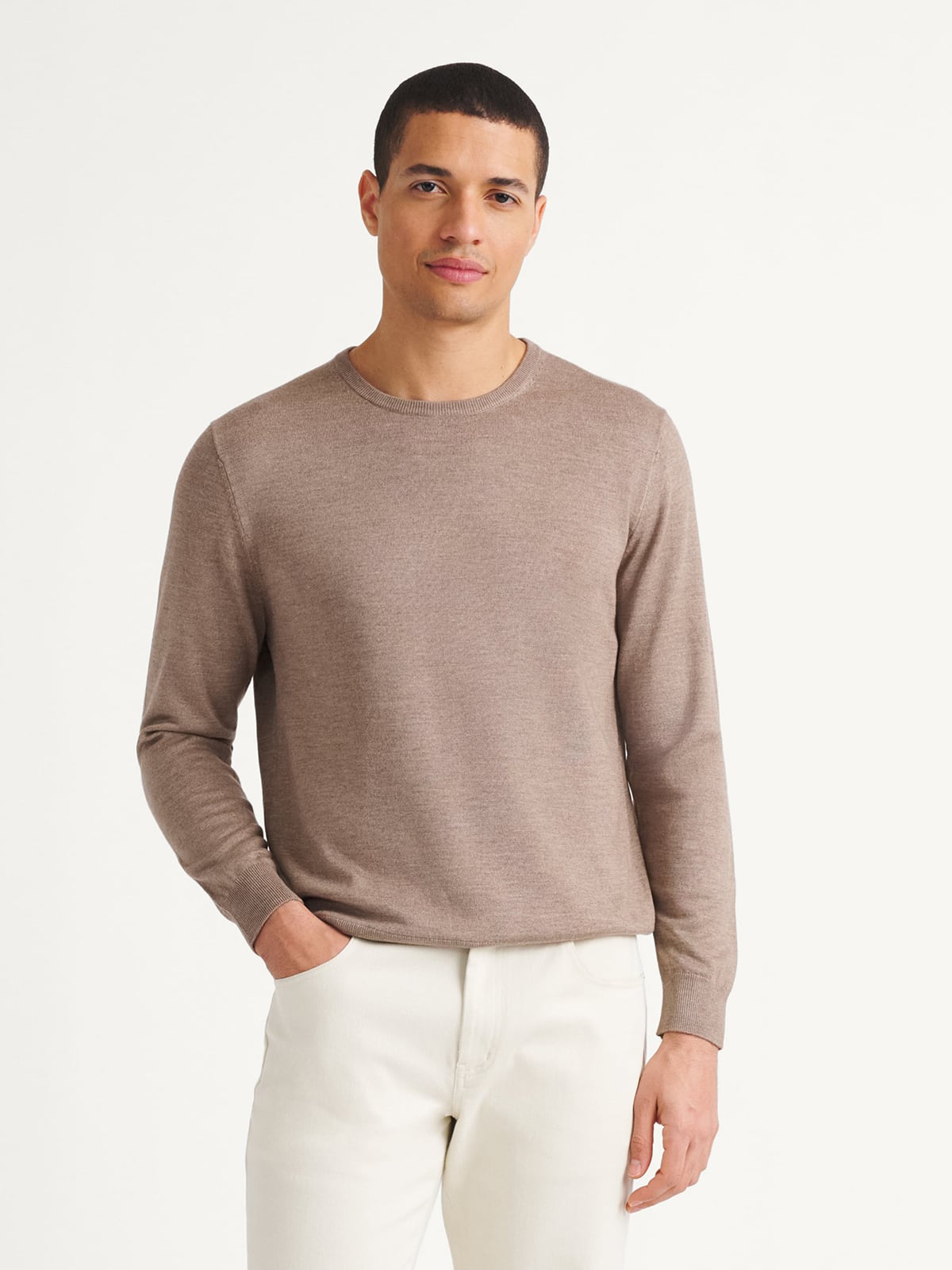 Proper Cloth Taupe Merino and Silk Crewneck Sweater
