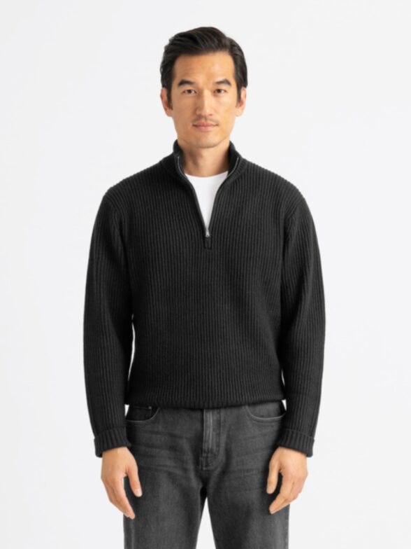 Black Merino and Cashmere Ribbed Half-Zip Sweater Thumb Detail