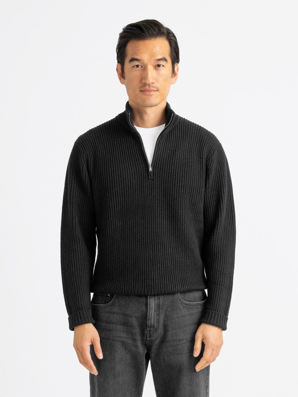 Black Merino and Cashmere Ribbed Half-Zip Sweater - Proper Cloth