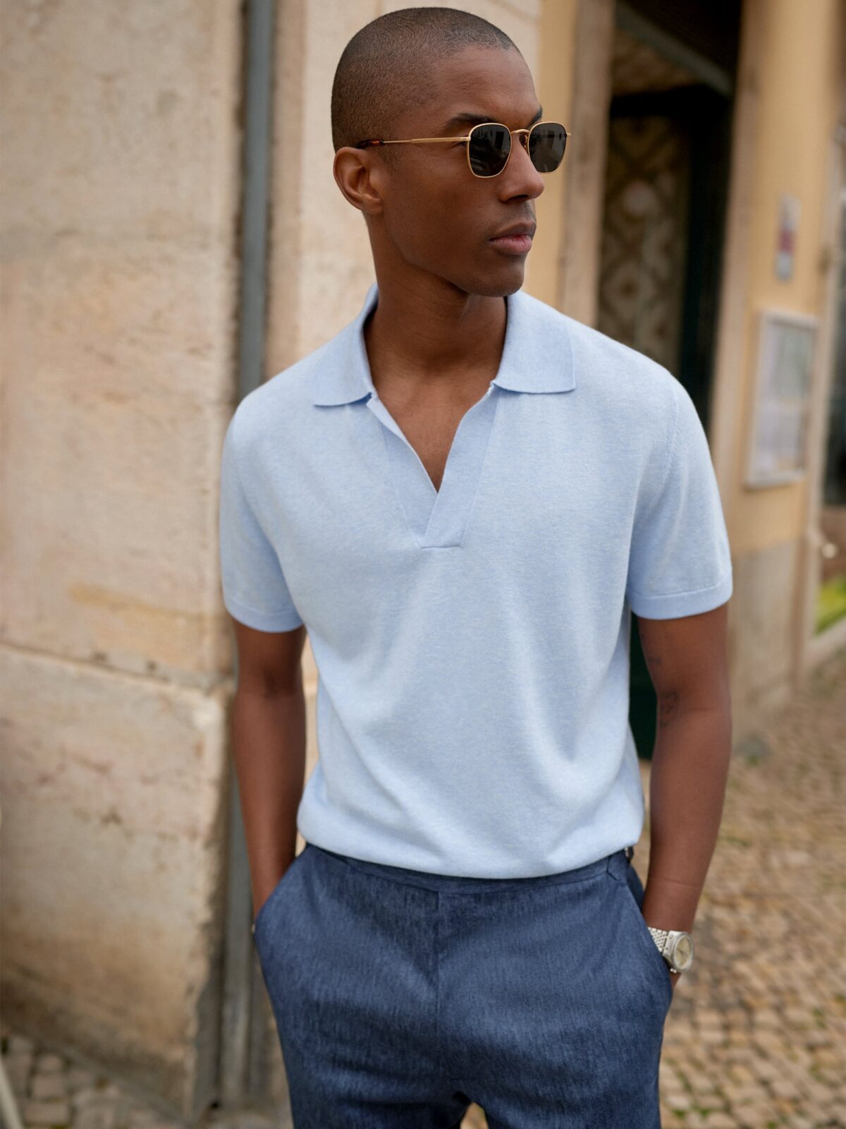 Light Blue Melange Linen Blend Knit Polo - Proper Cloth