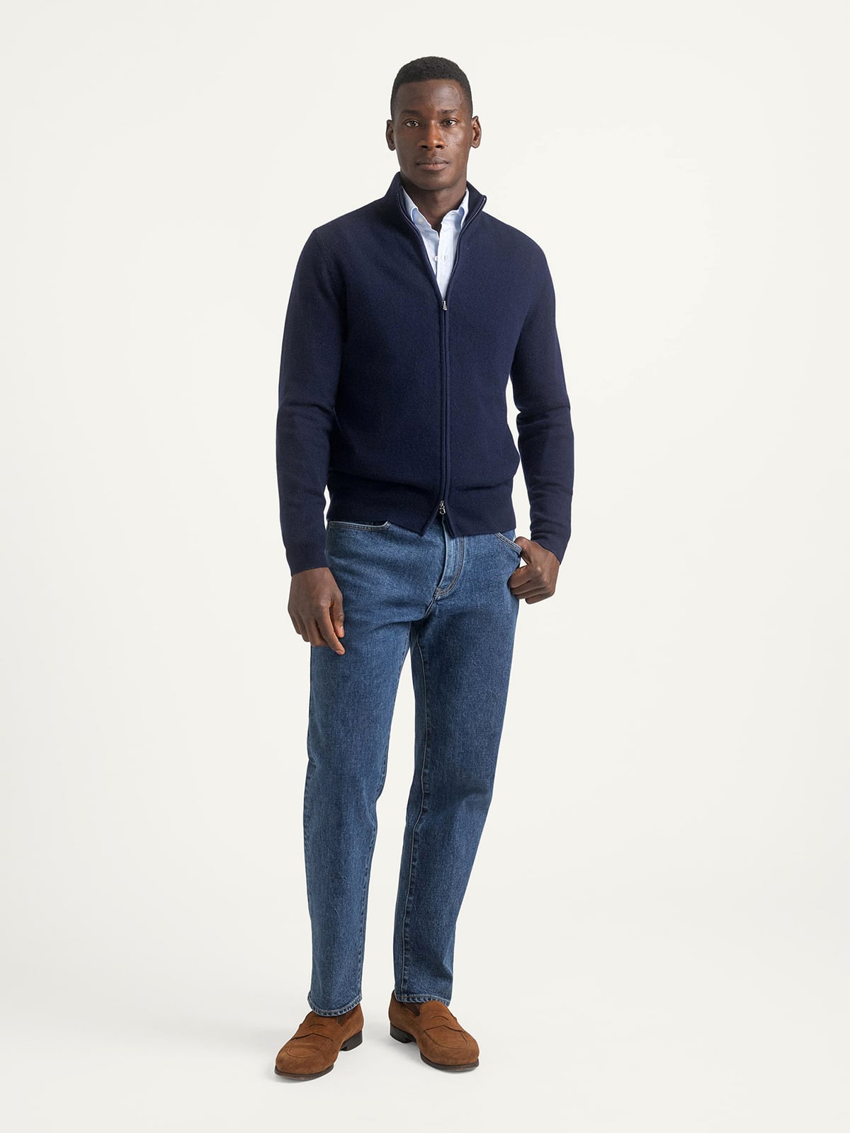 Navy Scottish Cashmere Full-Zip Sweater | Proper Cloth